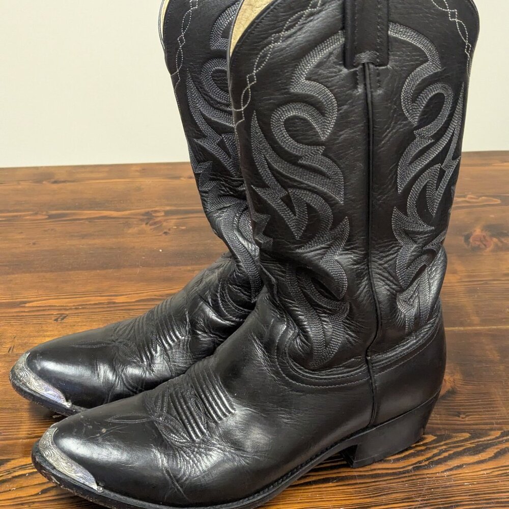 Men's Dan Post Leather Cowboy Boots Black w/Silver Tips Size 9 EW Style 2110